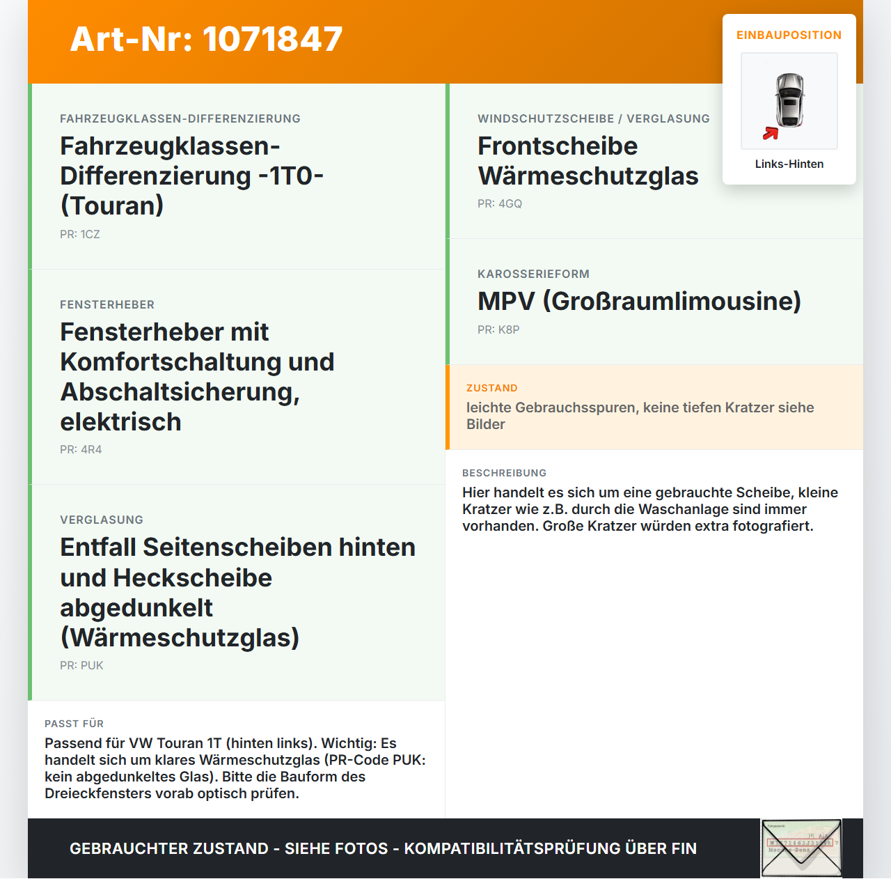 VW Touran 1T3 06-10 5T LH Dreieck Seitenscheibe Links Hinten VW Touran 1T3 06-10 25.09.2009 gebraucht Vorschau 3
