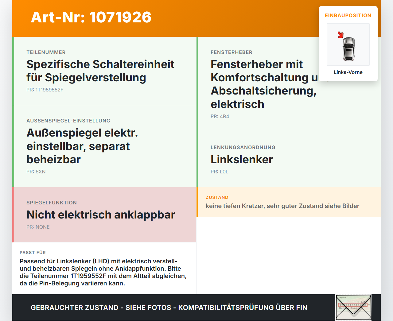 VW Touran 1T3 06-10 Spiegelverstellung Aussenspiegel Schalter Links Vorne Innen VW Touran 1T3 06-10 25.09.2009... Vorschau 3