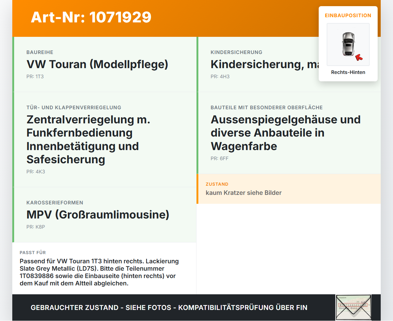 VW Touran 1T3 06-10 5T Türgriff Griff aussen Rechts Hinten LD7S VW Touran 1T3 06-10 25.09.2009 1T0837886 1T0839886... Vorschau 3