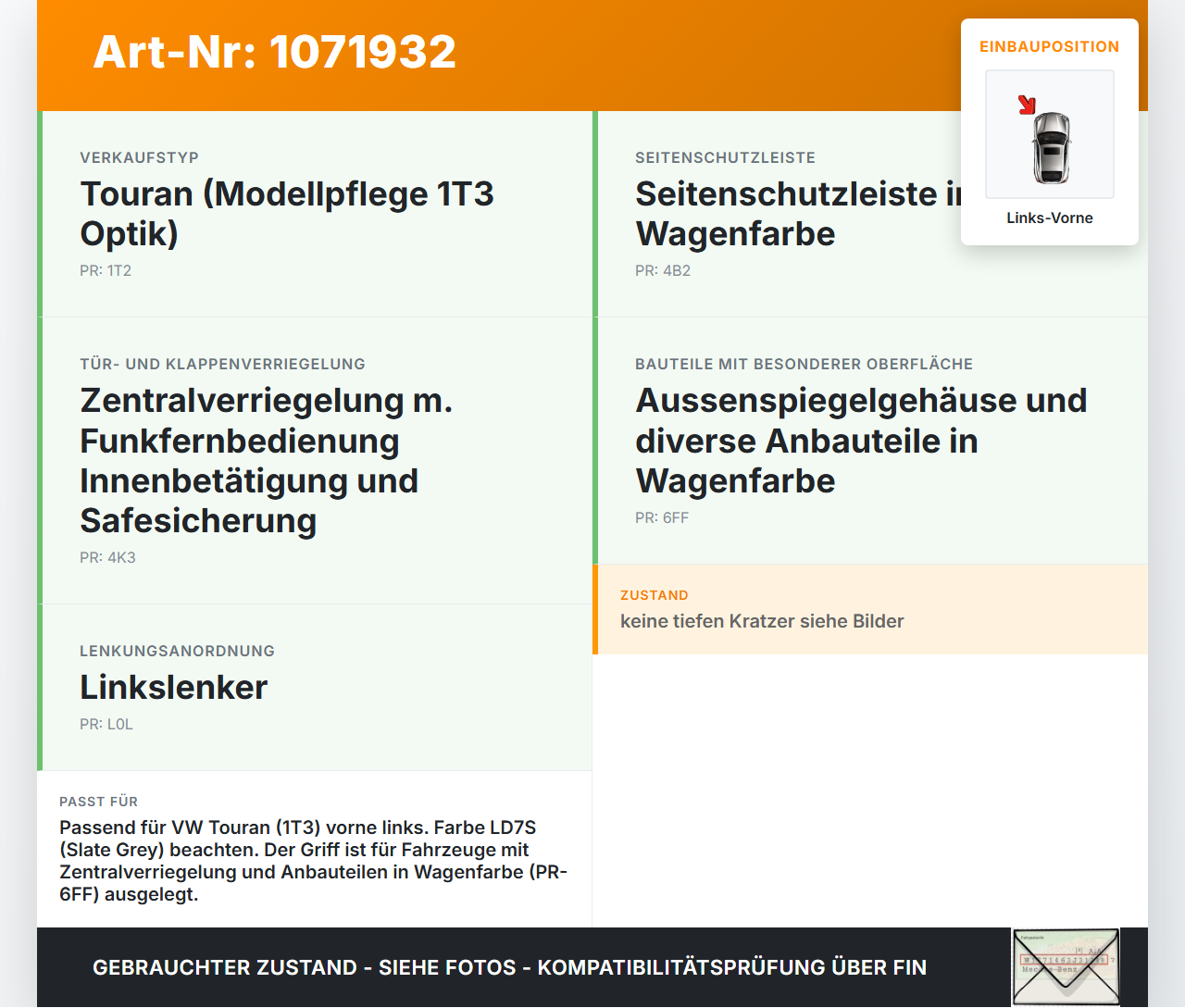 VW Touran 1T3 06-10 5T Türgriff Griff aussen Links Vorne LD7S VW Touran 1T3 06-10 25.09.2009 gebraucht Vorschau 3