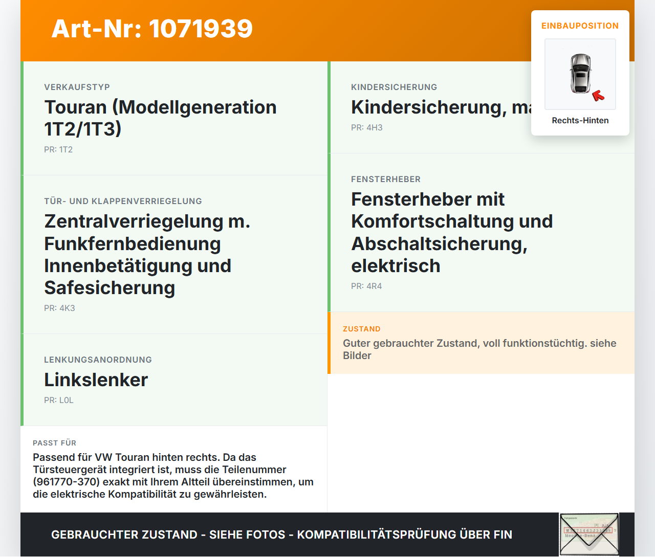 VW Touran 1T3 06-10 5T Fensterhebermotor Rechts Hinten mit Türsteuergerät VW Touran 1T3 06-10 25.09.2009... Vorschau 3