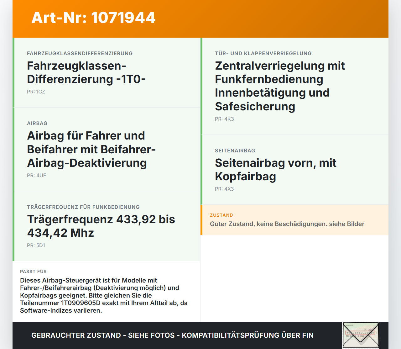 VW Touran 1T3 06-10 Airbag SG ECU Steuergerät VW Touran 1T3 06-10 25.09.2009 1T0909605D 5WK43828 36090209B gebraucht Vorschau 3