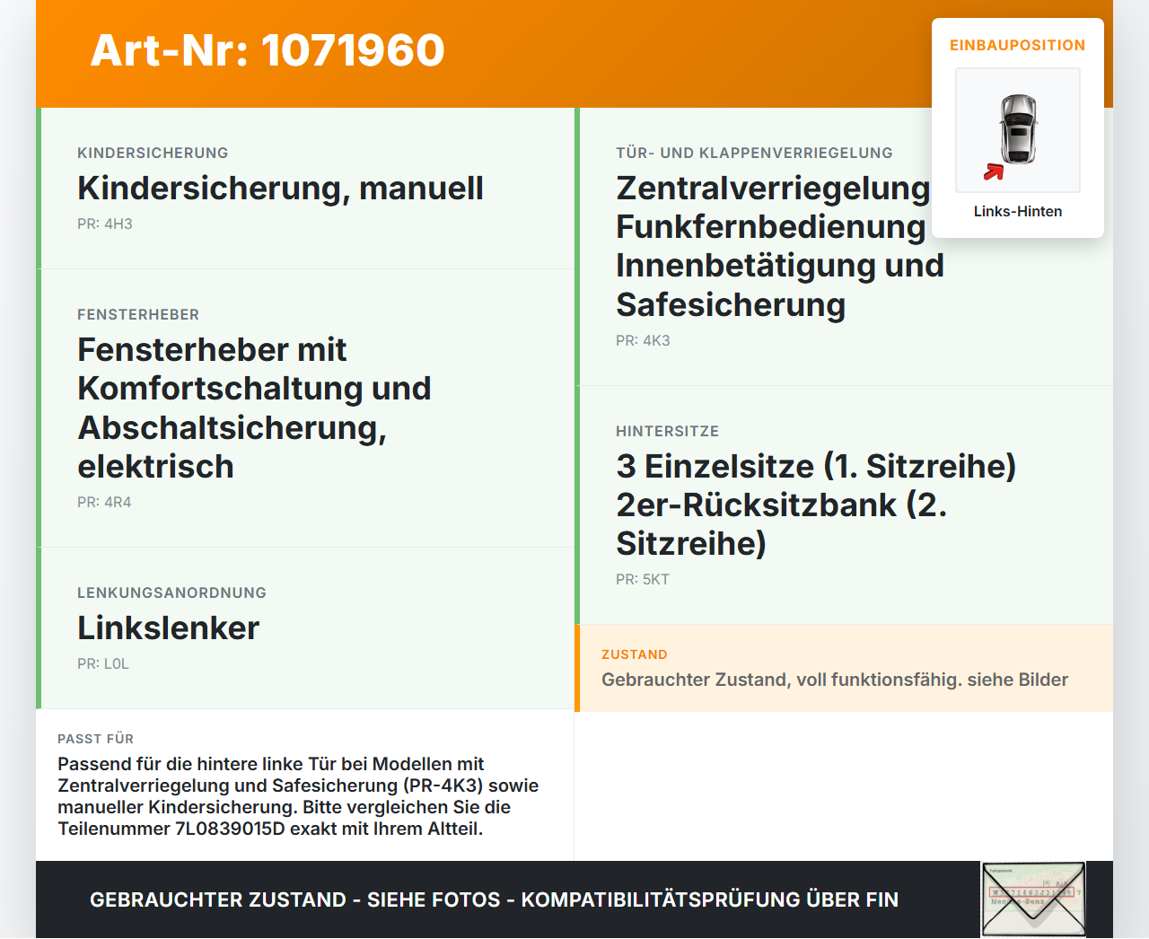 VW Touran 1T3 06-10 5T Türschloss m. ZV Stellmotor Links Hinten VW Touran 1T3 06-10 25.09.2009 7L0839015D gebraucht Vorschau 3