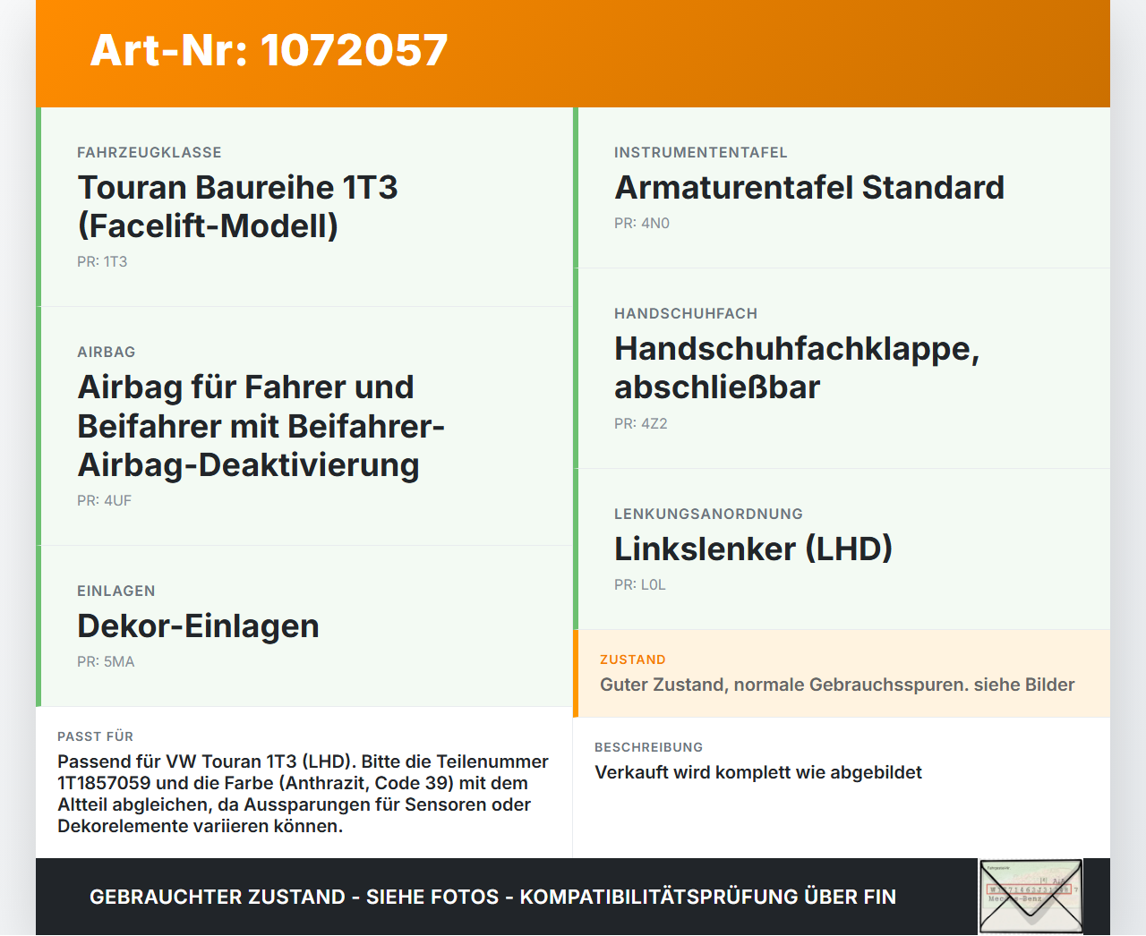 VW Touran 1T3 06-10 Armaturenbrett Panel komplett VW Touran 1T3 06-10 25.09.2009 1T1857059 gebraucht Vorschau 3