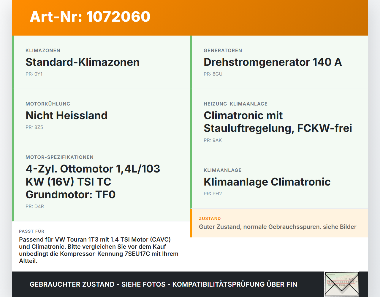VW Touran 1T3 06-10 1,4 103KW Klimakompressor Klima Kompressor VW Touran 1T3 06-10 25.09.2009 7SEU17C DCP32045... Vorschau 3