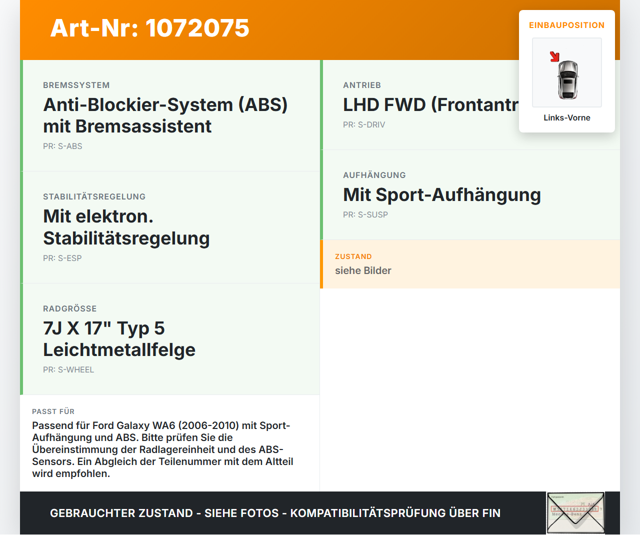 Ford Galaxy WA6 06-10 2,0 103KW Achsschenkel Radnabe mit ABS Links Vorne Ford Galaxy WA6 06-10 26.09.2008 gebraucht Vorschau 3