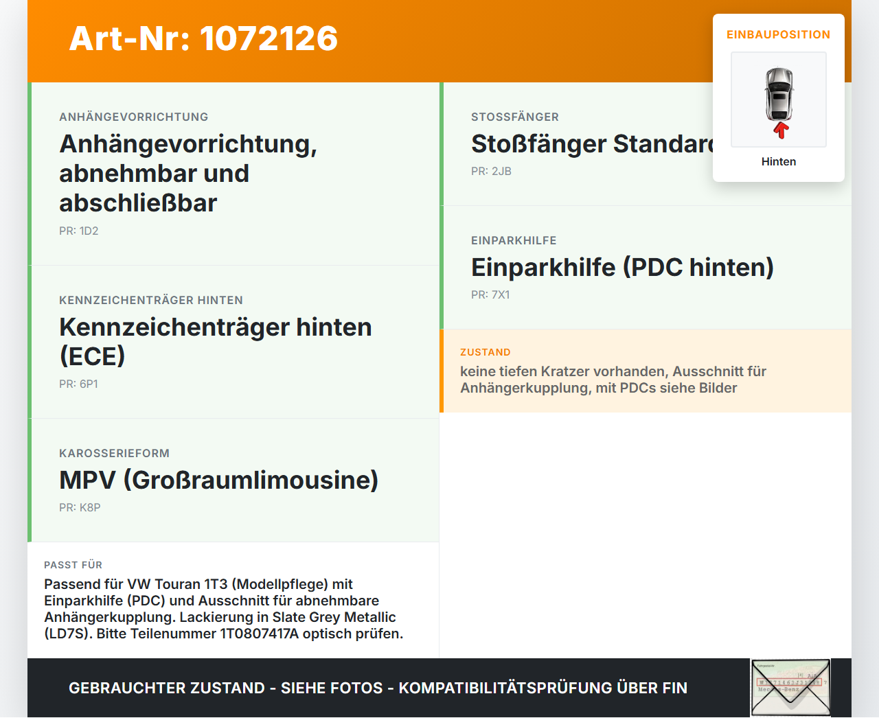 VW Touran 1T3 06-10 5T Stoßstange Stoßfänger Heckstosstange Hinten LD7S VW Touran 1T3 06-10 25.09.2009 1T0807417A... Vorschau 3
