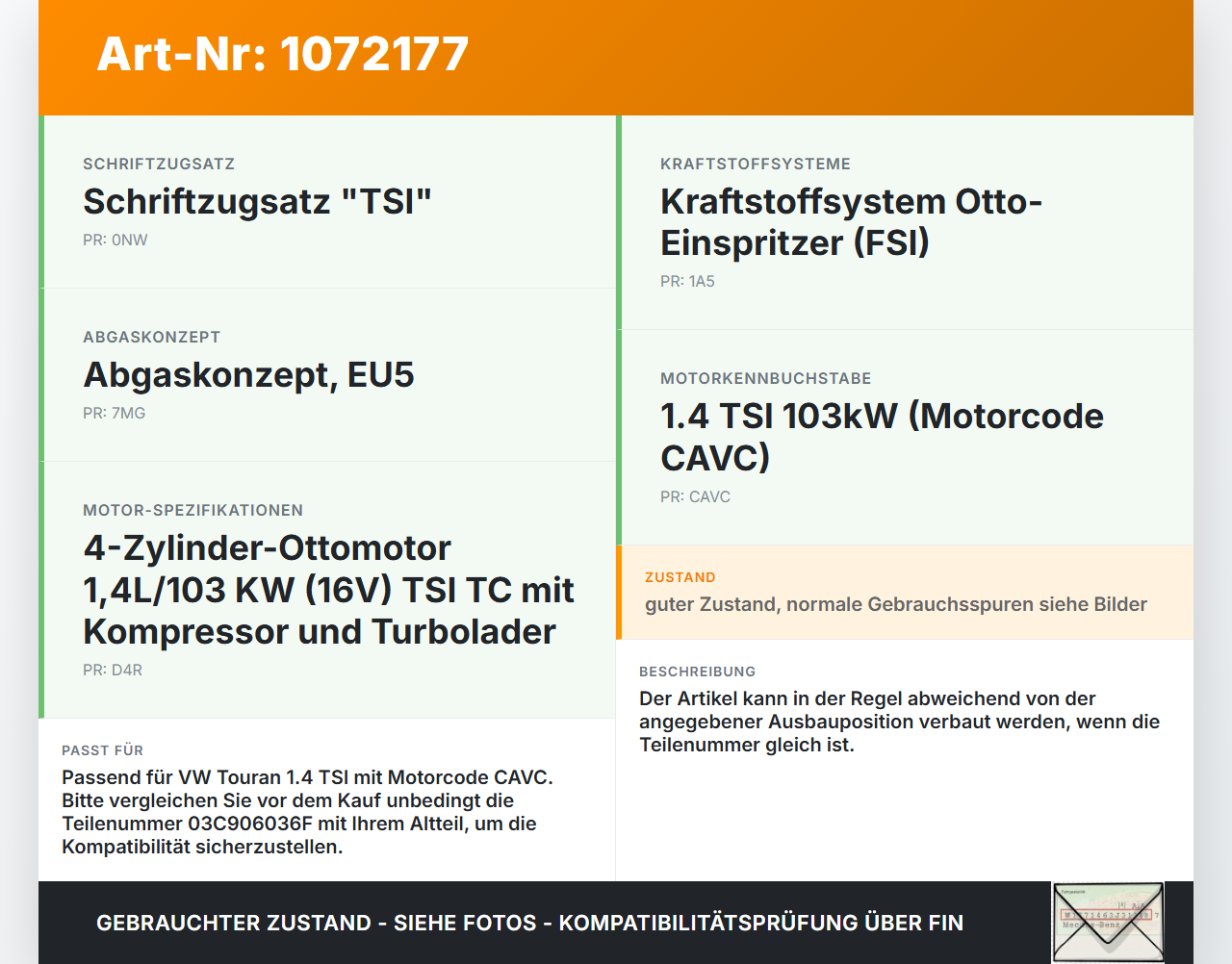 VW Touran 1T3 06-10 1,4 103KW Injektor Einspritzdüse Zyl.3 VW Touran 1T3 06-10 25.09.2009 03C906036F gebraucht Vorschau 3