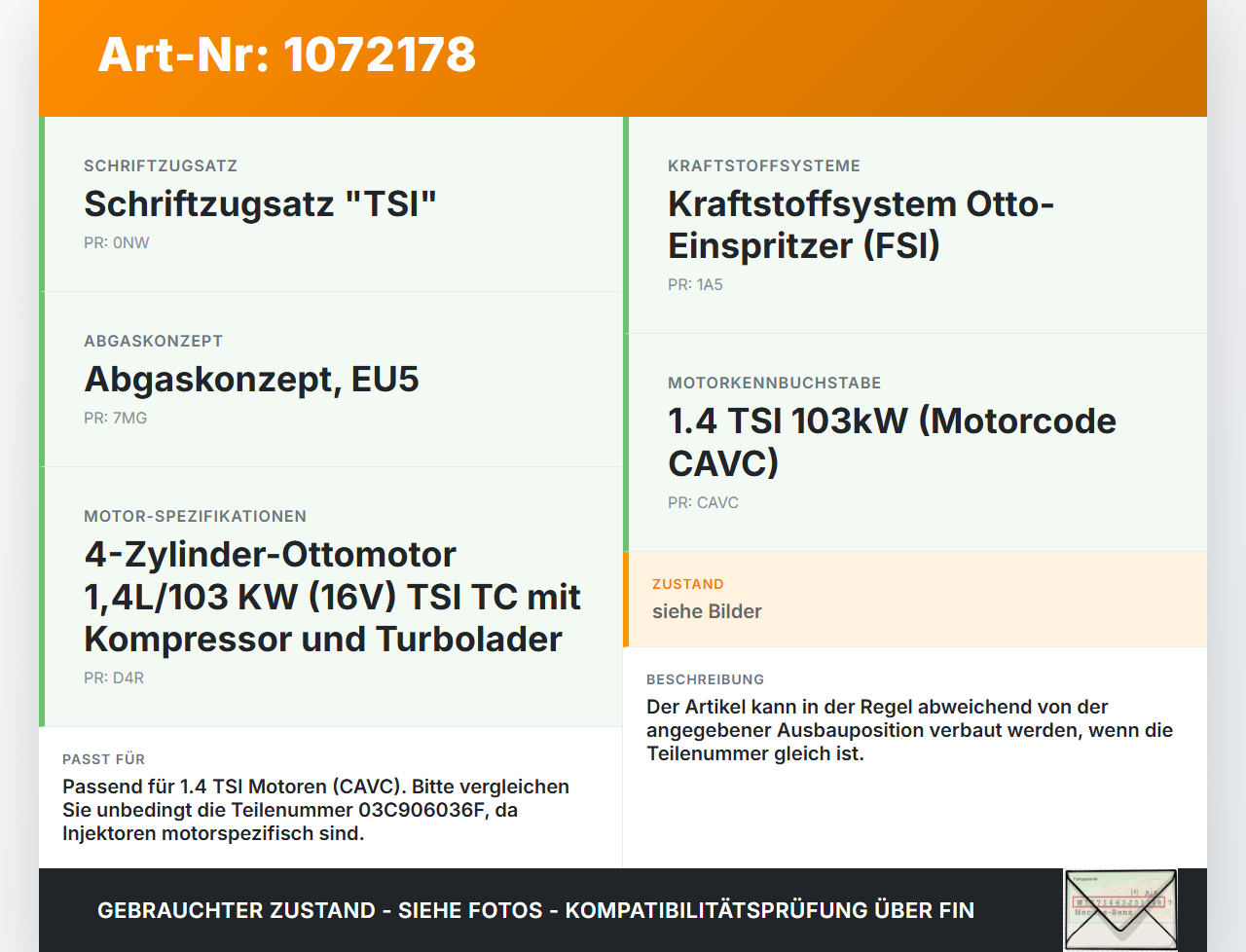 VW Touran 1T3 06-10 1,4 103KW Injektor Einspritzdüse Zyl.2 VW Touran 1T3 06-10 25.09.2009 03C906036F gebraucht Vorschau 3