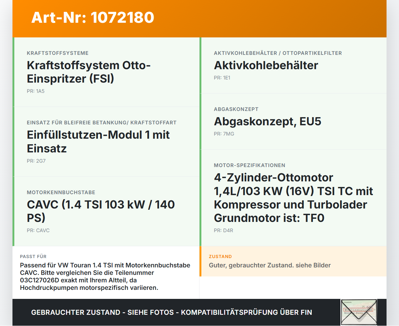 VW Touran 1T3 06-10 1,4 103KW Kraftstoffpumpe Kraftstoff VW Touran 1T3 06-10 25.09.2009 03C127026D HFS034-31B gebraucht Vorschau 3