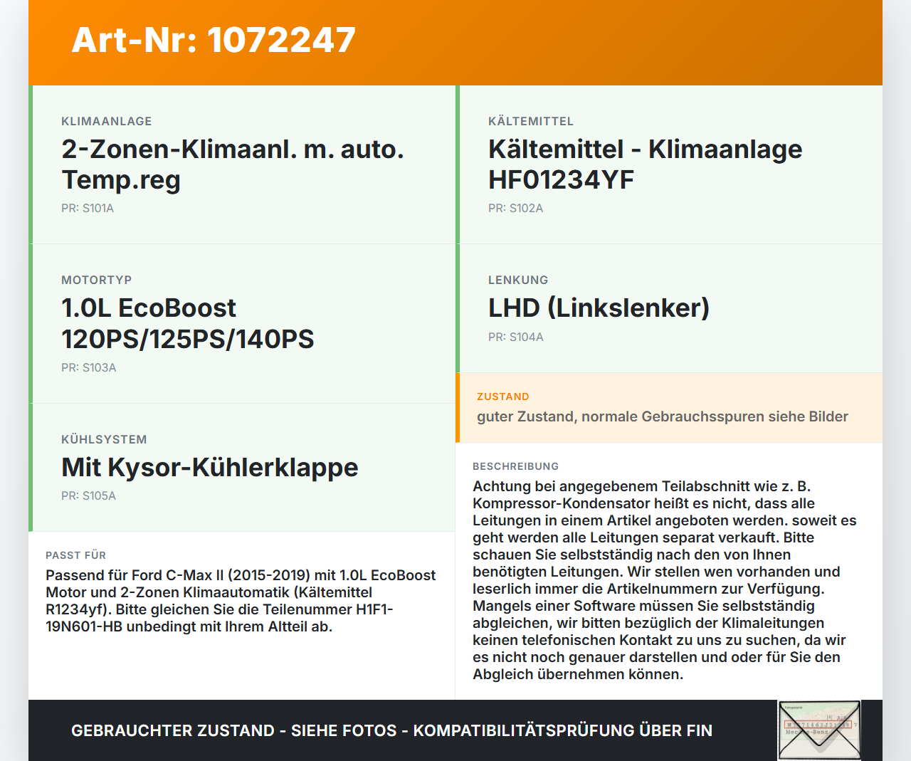 Ford C-Max II 15-19 1,0 92KW Klimaschlauch Klimaleitung Ford C-Max II 15-19 09.01.2018 H1F1-19N601-HB gebraucht Vorschau 3