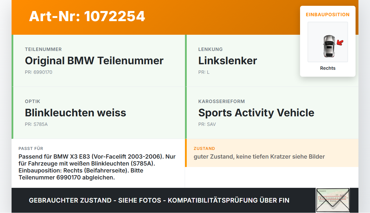 BMW X3 E83 03-06 Rückleuchte Rücklicht Heckleuchte Rechts orig Weiß BMW X3 E83 03-06 12.11.2004 6990170... Vorschau 3