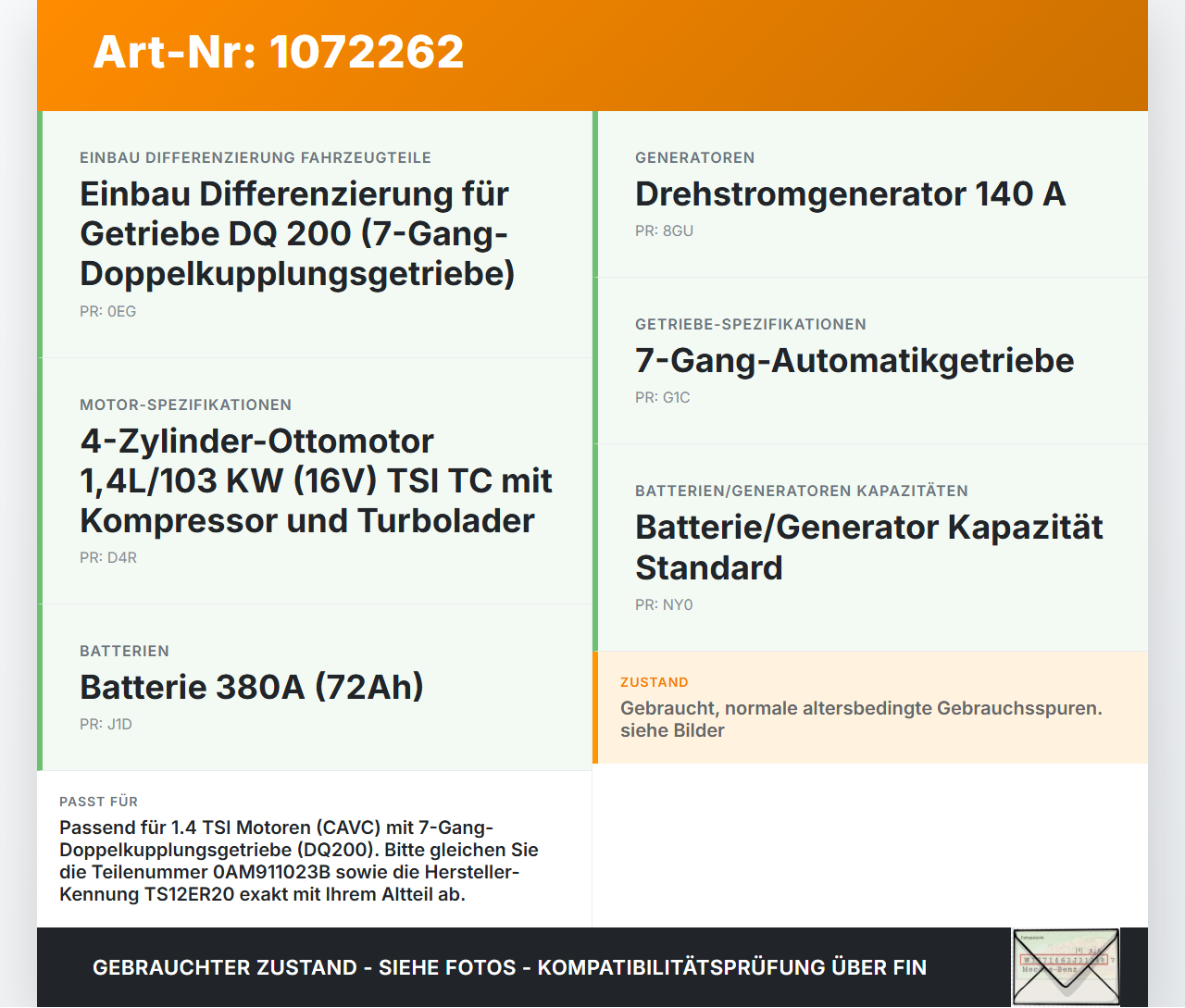 VW Touran 1T3 06-10 1,4 103KW Autom Anlasser Starter VW Touran 1T3 06-10 25.09.2009 0AM911023B TS12ER20 gebraucht Vorschau 3