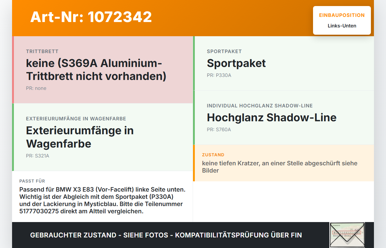 BMW X3 E83 03-06 Schweller Verkleidung Seitenschweller Links Unten BMW X3 E83 03-06 12.11.2004 51777030275 gebraucht Vorschau 3