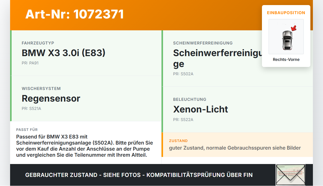 BMW X3 E83 03-06 Waschwasserpumpe Wischwasserpumpe Waschpumpe Vorne Rechts BMW X3 E83 03-06 12.11.2004 gebraucht Vorschau 3