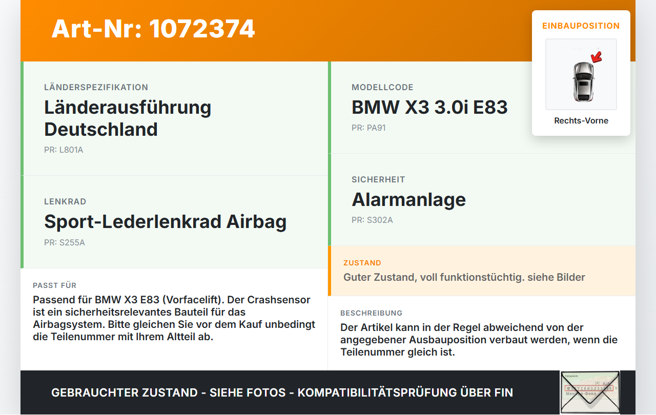 BMW X3 E83 03-06 Sensor Airbag Crashsensor Airbagsensor Rechts Vorne BMW X3 E83 03-06 12.11.2004 65.77-3414122... Vorschau 3