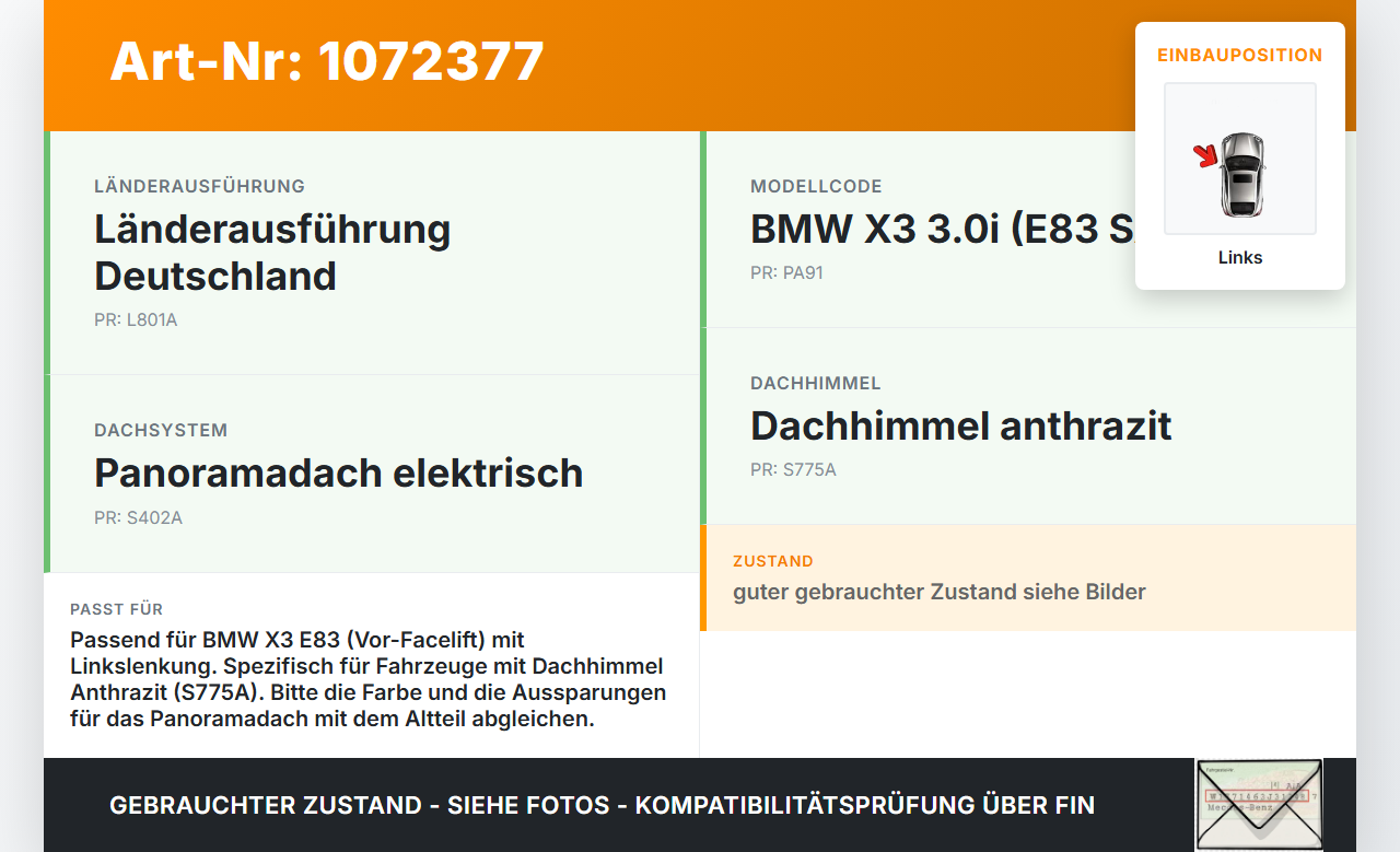 BMW X3 E83 03-06 Sonnenblende Links Fahrerseite Anthrazit BMW X3 E83 03-06 12.11.2004 gebraucht Vorschau 3