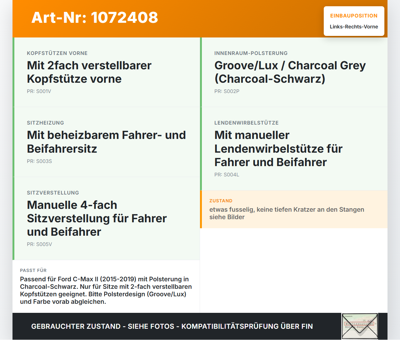 Ford C-Max II 15-19 5T Kopfstütze für Beifahrer Sitz Rechts oder Links Vorne Ford C-Max II 15-19 09.01.2018 gebraucht Vorschau 3