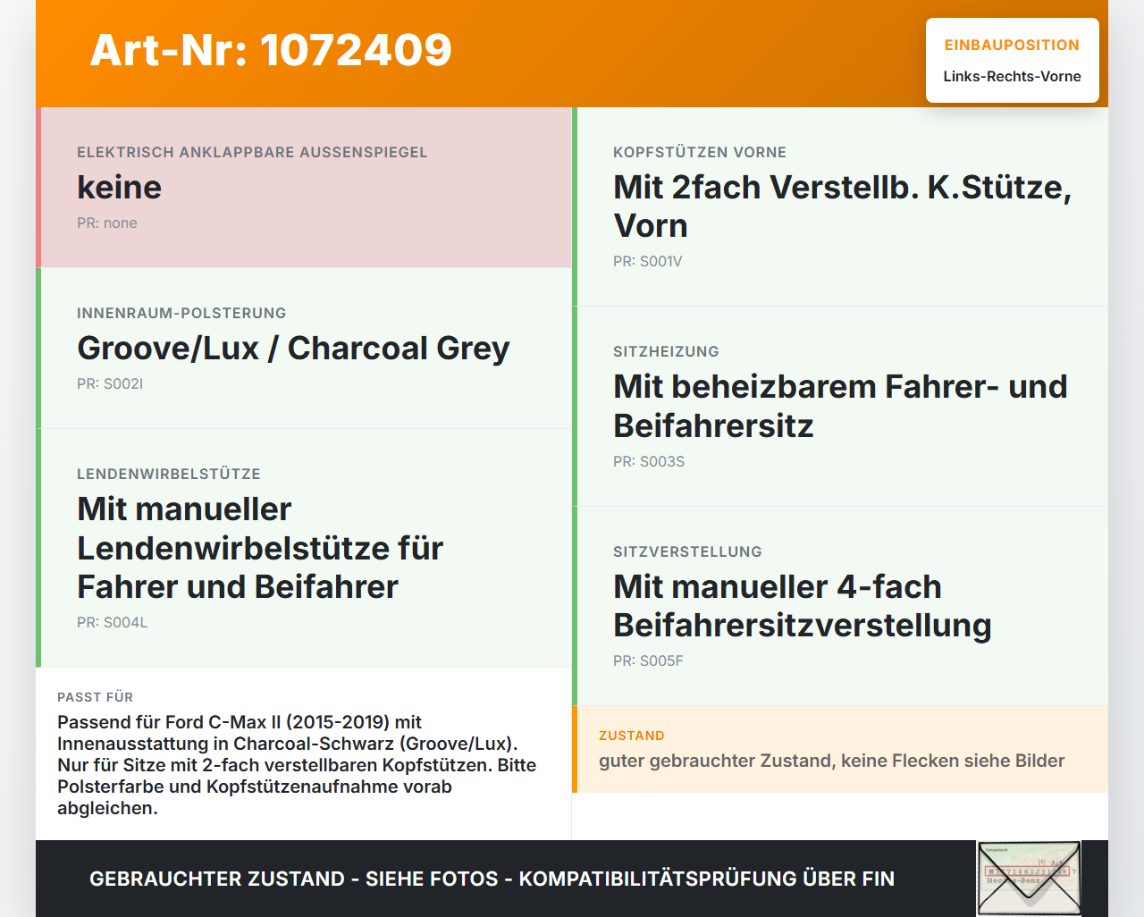 Ford C-Max II 15-19 5T Kopfstütze für Beifahrer Sitz Rechts oder Links Vorne Ford C-Max II 15-19 09.01.2018 gebraucht Vorschau 3