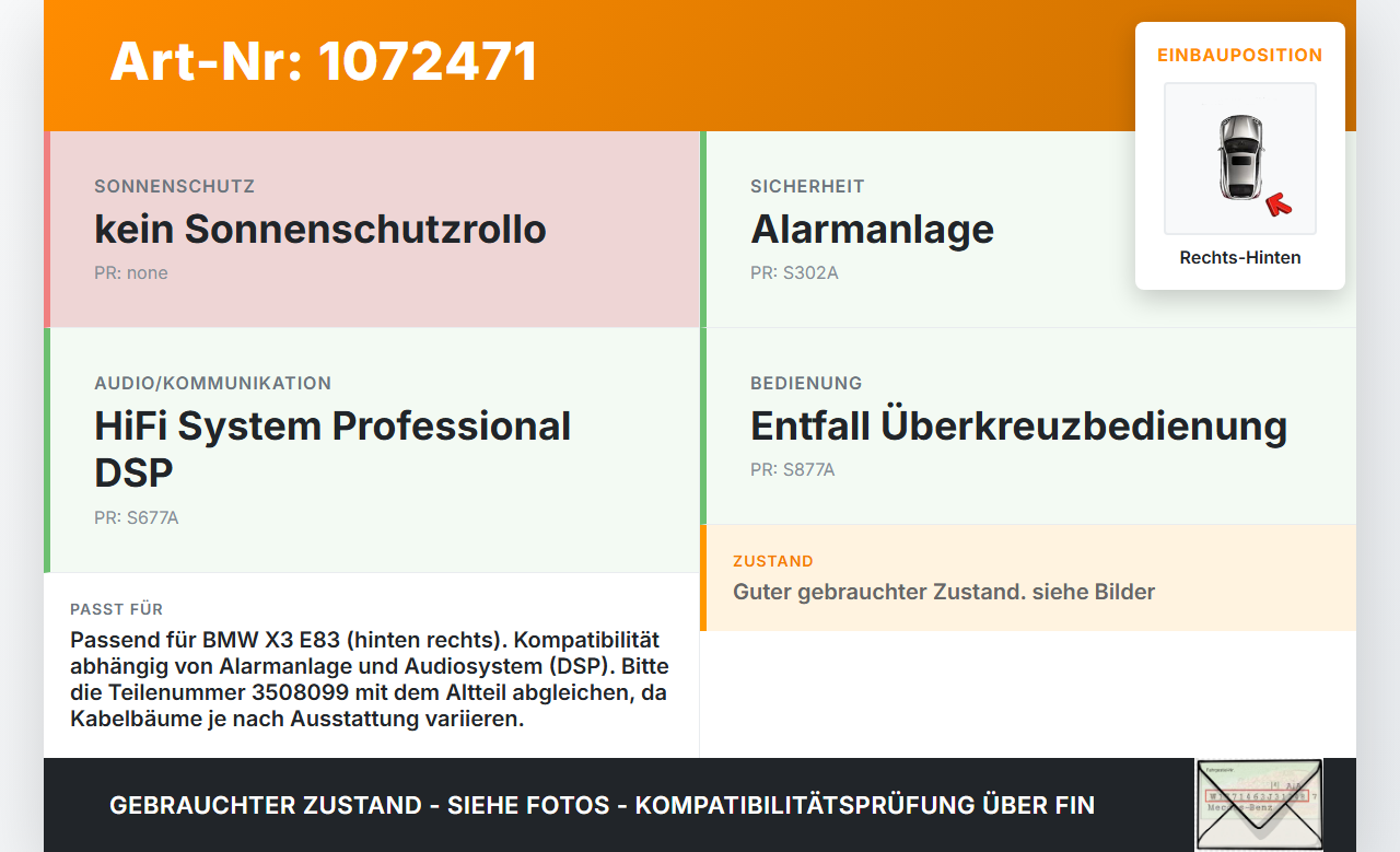 BMW X3 E83 03-06 Kabelbaum Leitungssatz für Tür und Fensterheber Hinten Rechts BMW X3 E83 03-06 12.11.2004 3508099... Vorschau 3