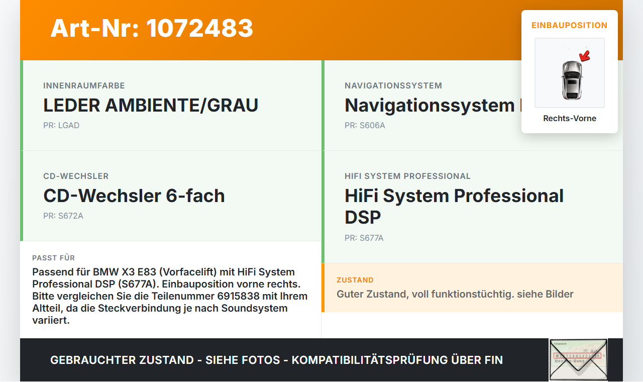 BMW X3 E83 03-06 Lautsprecher Rechts Vorne BMW X3 E83 03-06 12.11.2004 6915838 65.12-6915838-02 902275492402 gebraucht Vorschau 3