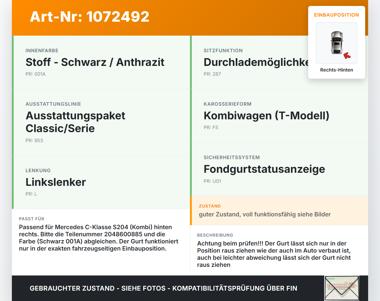Mercedes S204 C180 09-14 Kombi Gurt Sicherheitsgurt Gurtstraffer Rechts Hinten Mercedes S204 C180 09-14 01.06.2010... Vorschau 3