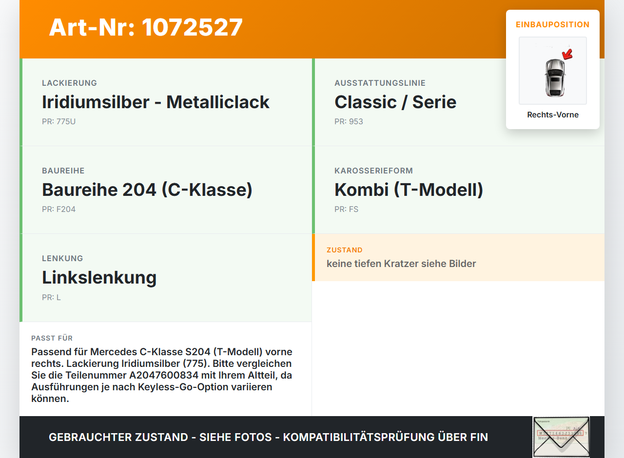 Mercedes S204 C180 09-14 Kombi Türgriff Außengriff Griff Vorne Rechts 775 Mercedes S204 C180 09-14 01.06.2010... Vorschau 3