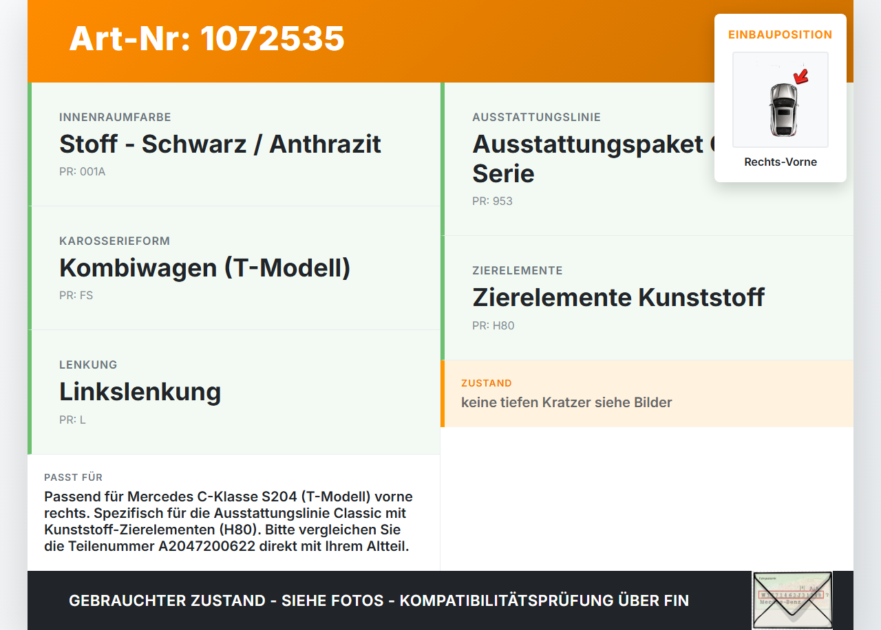 Mercedes S204 C180 09-14 Kombi Türleiste Rechts Vorne Innen Türverkleidung 775 Mercedes S204 C180 09-14 01.06.2010... Vorschau 3