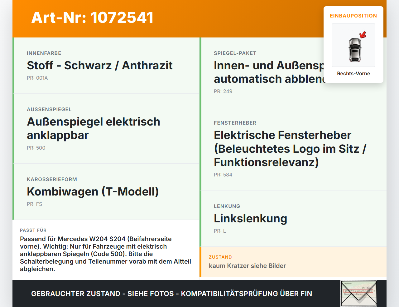 Mercedes S204 C180 09-14 Kombi Fensterheberschalter Schalter Rechts Vorne Mercedes S204 C180 09-14 01.06.2010... Vorschau 3