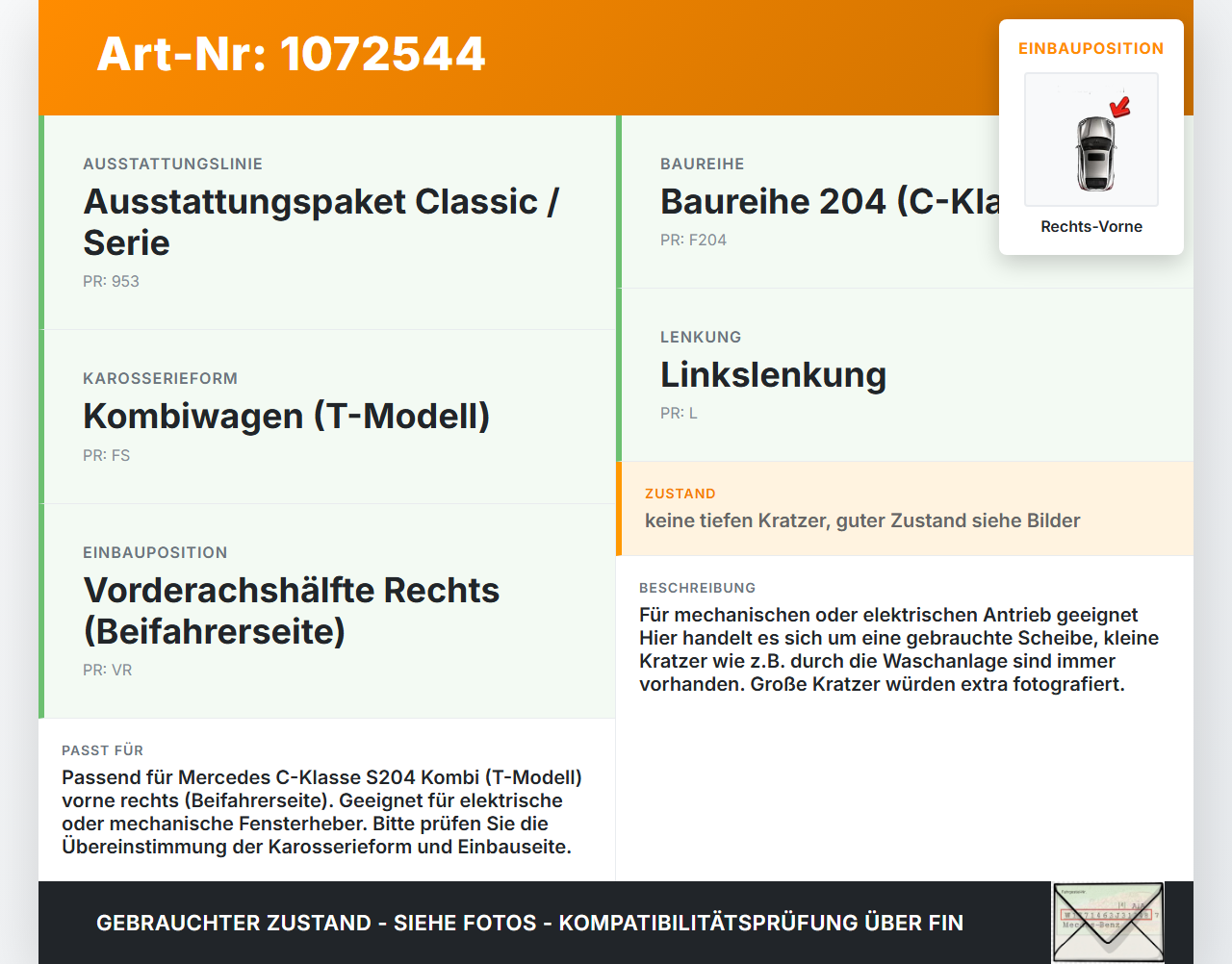 Mercedes S204 C180 09-14 Kombi RVK Seitenscheibe für Tür Türscheibe Rechts Vorne Mercedes S204 C180 09-14... Vorschau 3