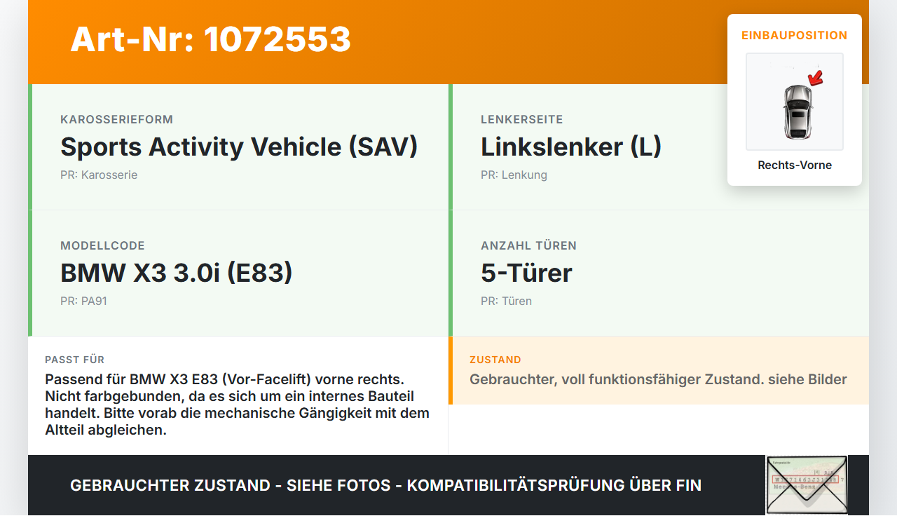 BMW X3 E83 03-06 Türfangband Türbremse Türanschlag Rechts Vorne BMW X3 E83 03-06 12.11.2004 gebraucht Vorschau 3