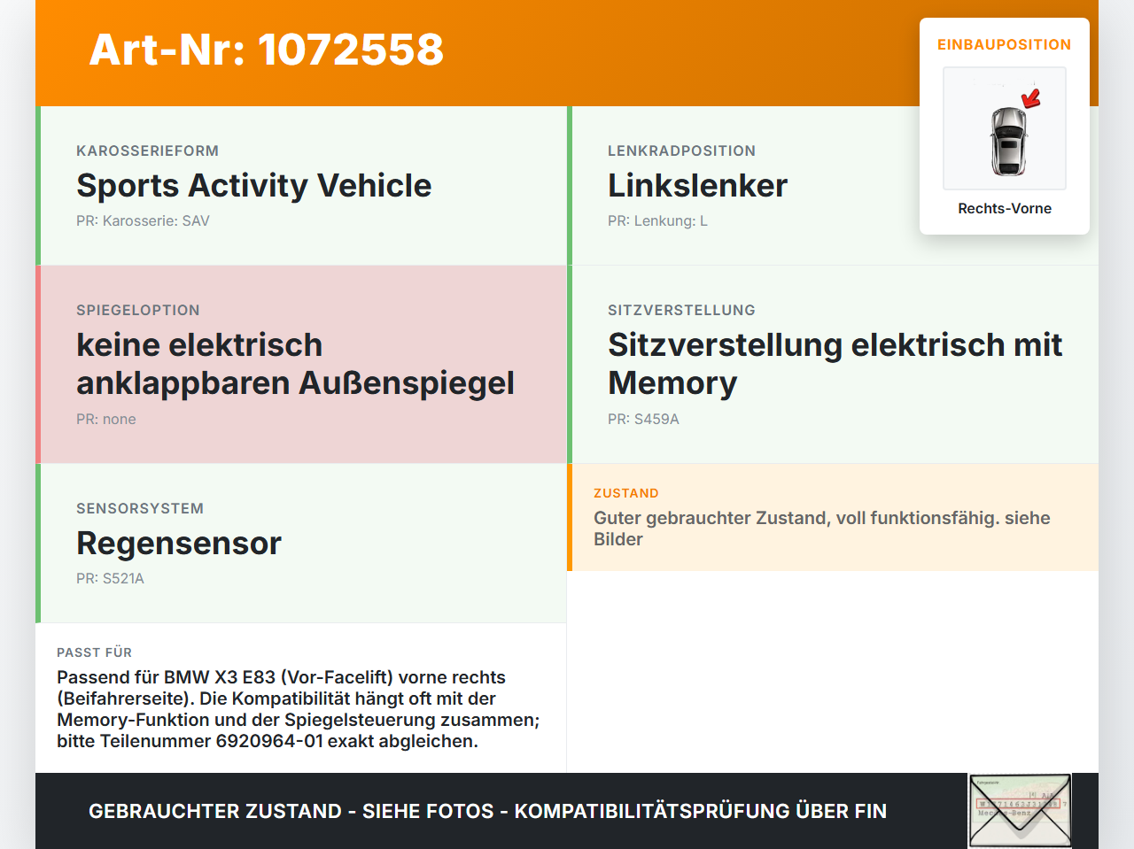 BMW X3 E83 03-06 Fensterhebermotor Rechts Vorne BMW X3 E83 03-06 12.11.2004 6920964-01 S007-083-006 gebraucht Vorschau 3