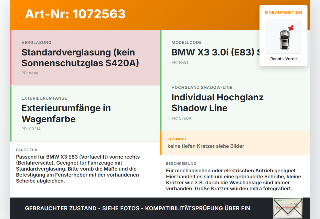 BMW X3 E83 03-06 RVK Seitenscheibe für Tür Türscheibe Rechts Vorne BMW X3 E83 03-06 12.11.2004 gebraucht Vorschau 3