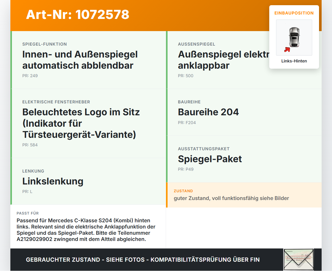 Mercedes S204 C180 09-14 Steuergerät SG Türsteuergerät Links Hinten Mercedes S204 C180 09-14 01.06.2010 A2129003906... Vorschau 3