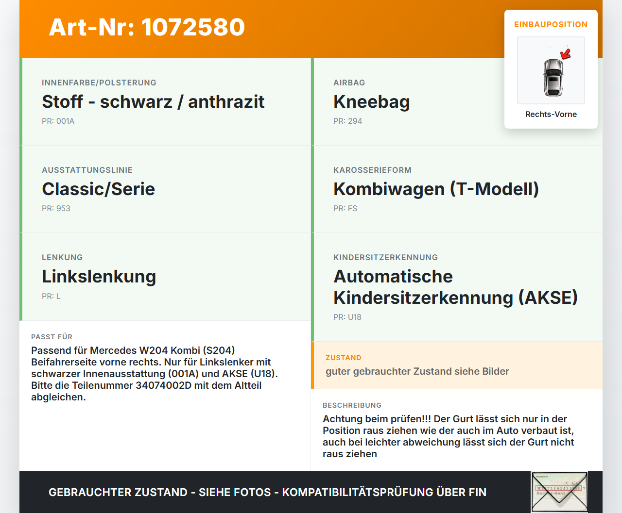 Mercedes S204 C180 09-14 Kombi Sicherheitsgurt Gurt Gurtstraffer für Beifahrer Rechts Vorne Mercedes S204 C180... Vorschau 3