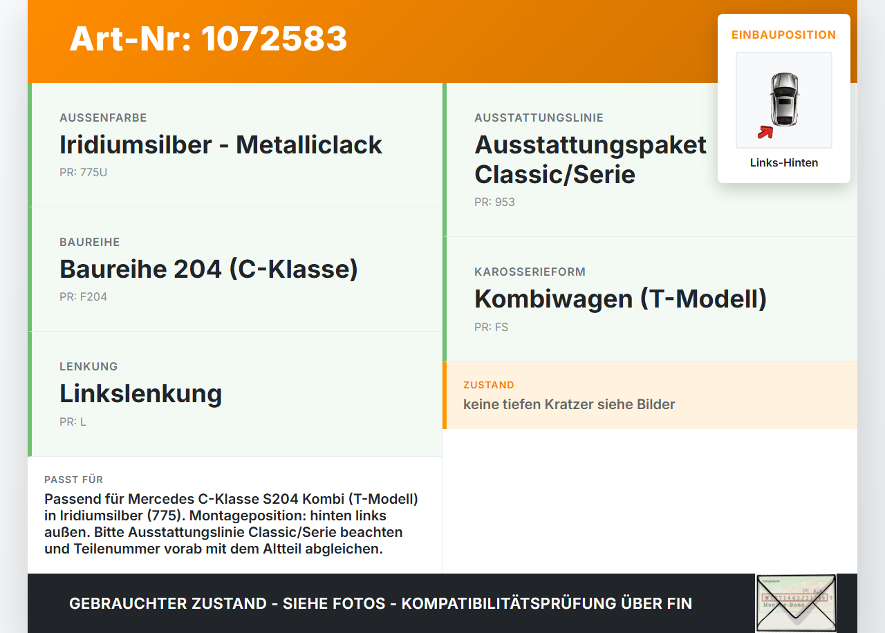 Mercedes S204 C180 09-14 Kombi Türleiste Beplankung Links Hinten Aussen 775 Mercedes S204 C180 09-14 01.06.2010... Vorschau 3