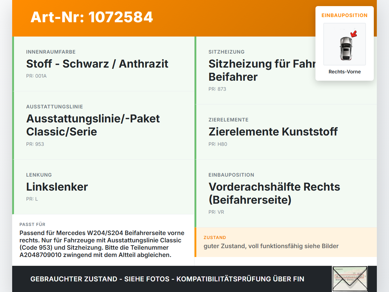 Mercedes S204 C180 09-14 Sitzverstellung Schalter Rechts Vorne Mercedes S204 C180 09-14 01.06.2010 A2048709010... Vorschau 3
