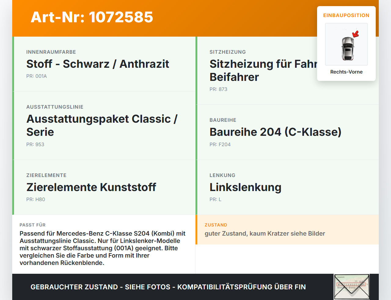 Mercedes S204 C180 09-14 Kombi Blende Innen Rückenblende für Fahrer Sitz Rechts Vorne Mercedes S204 C180 09-14... Vorschau 3