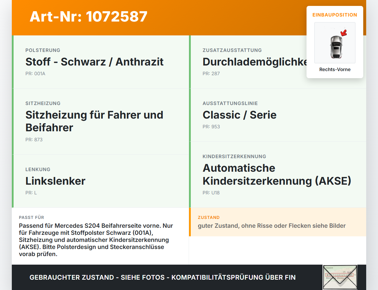 Mercedes S204 C180 09-14 Kombi Sitzbezug Sitzpolster Rechts Vorne für Beifahrer Sitz beheizt Mercedes S204 C180... Vorschau 3