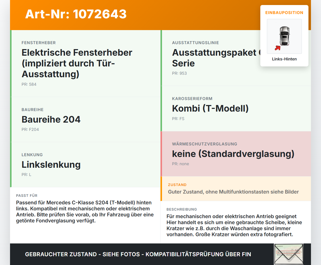 Mercedes S204 C180 09-14 Kombi LHK Seitenscheibe für Tür Fenster Scheibe Links Hinten Mercedes S204 C180 09-14... Vorschau 3