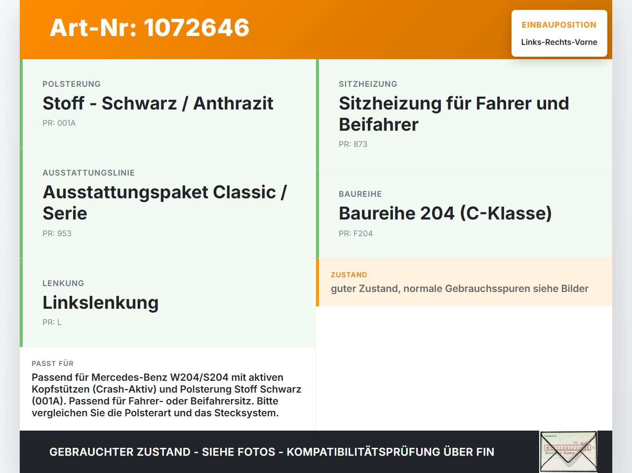 Mercedes S204 C180 09-14 Kopfstütze für Fahrer Sitz Rechts oder Links Vorne Crash Aktiv Mercedes S204 C180 09-14... Vorschau 3