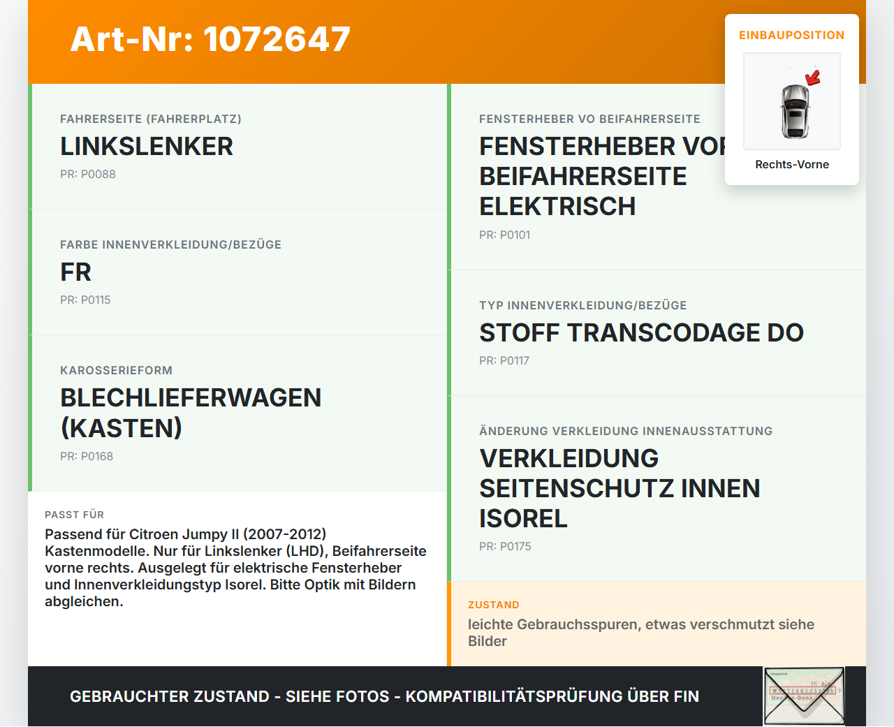 Citroen Jumpy II 07-12 Kasten Türverkleidung Türpappe Rechts Vorne Citroen Jumpy II 07-12 30.08.2010 gebraucht Vorschau 3