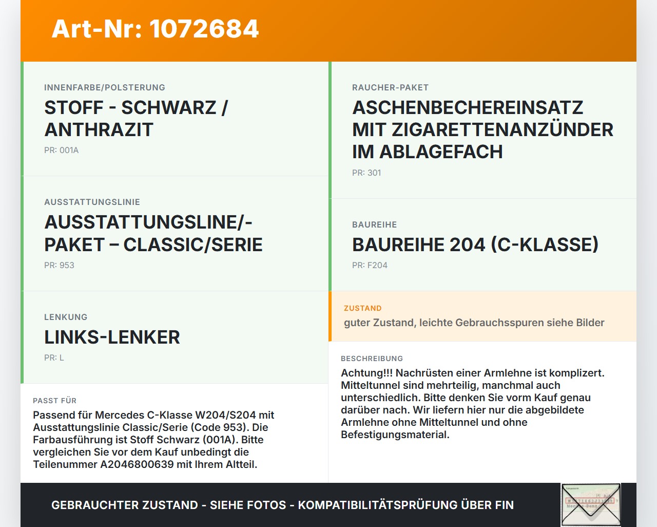 Mercedes S204 C180 09-14 Armlehne Mittelarmlehne und Ablagefach Mercedes S204 C180 09-14 01.06.2010 A2046800639... Vorschau 3