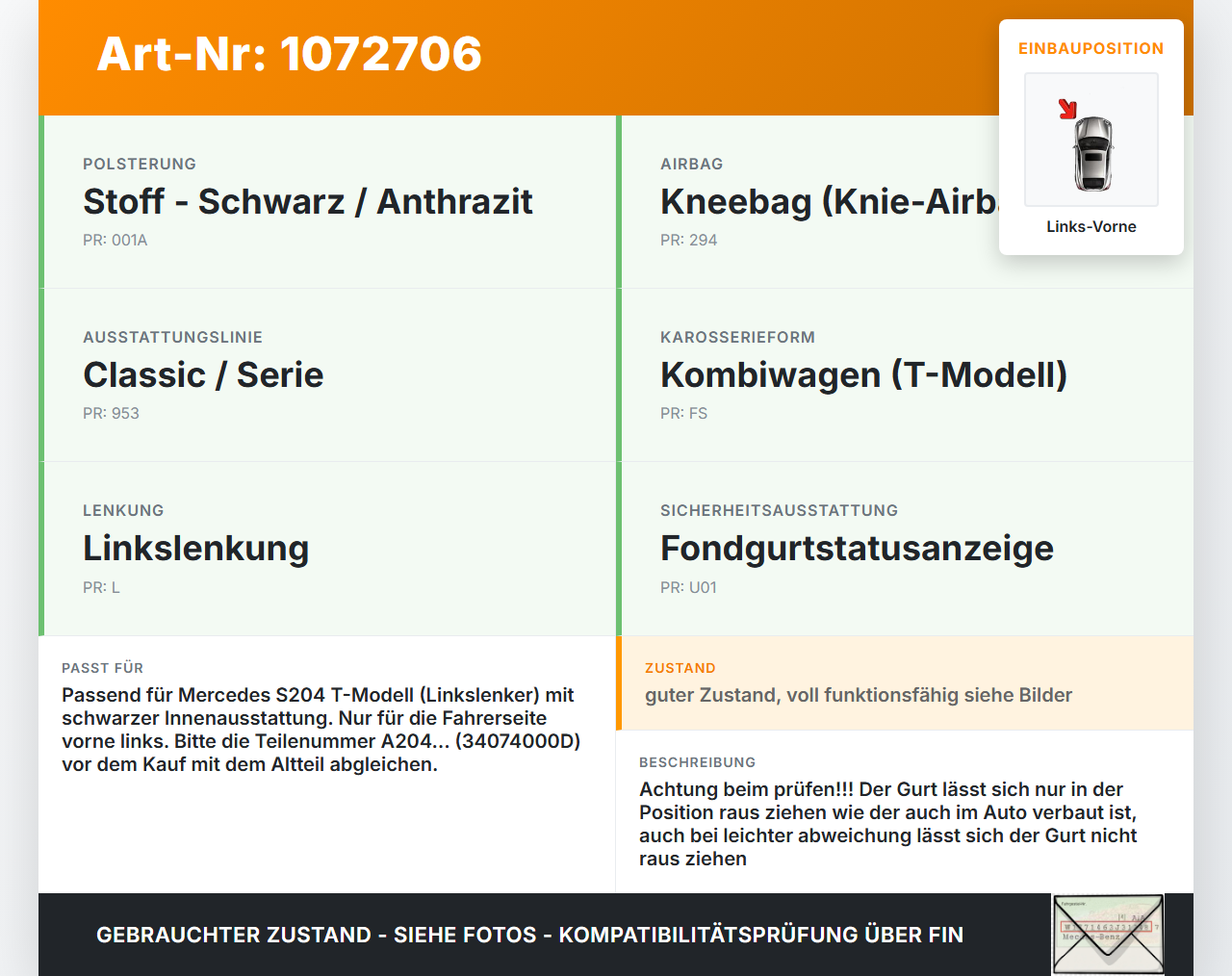 Mercedes S204 C180 09-14 Kombi Sicherheitsgurt Gurt m. straffer Fahrer Links Vorne Mercedes S204 C180 09-14... Vorschau 3