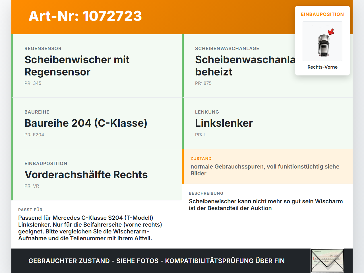 Mercedes S204 C180 09-14 Scheibenwischer Wischarm Vorne Rechts Mercedes S204 C180 09-14 01.06.2010 gebraucht Vorschau 3