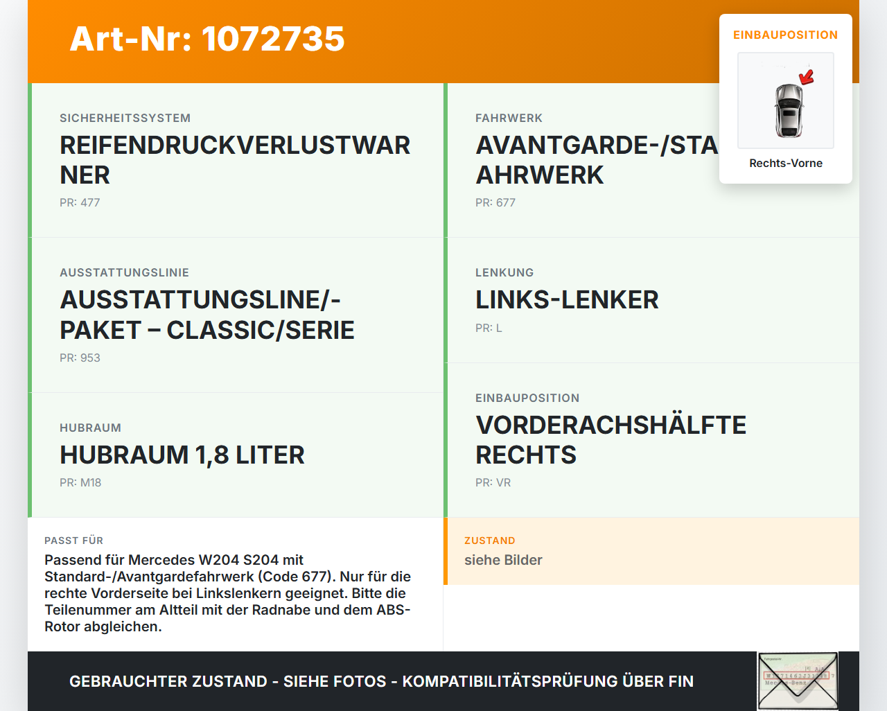 Mercedes S204 C180 09-14 CGI 1,8 115KW Achsschenkel Radnabe mit ABS Rechts Vorne Mercedes S204 C180 09-14... Vorschau 3