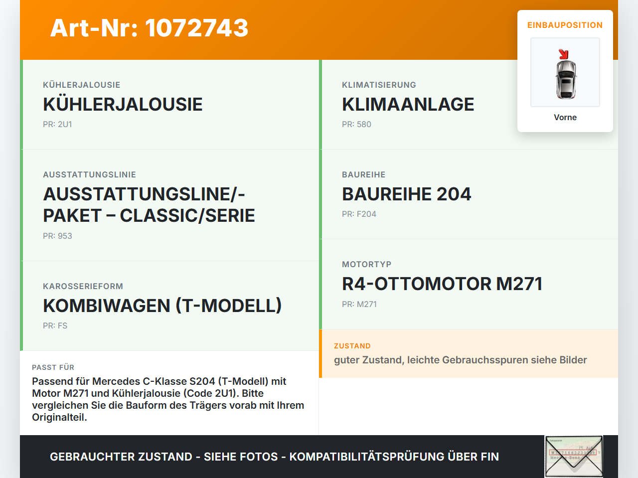 Mercedes S204 C180 09-14 Querträger Frontträger Kühlerträger Träger Vorne Mercedes S204 C180 09-14 01.06.2010 gebraucht Vorschau 3