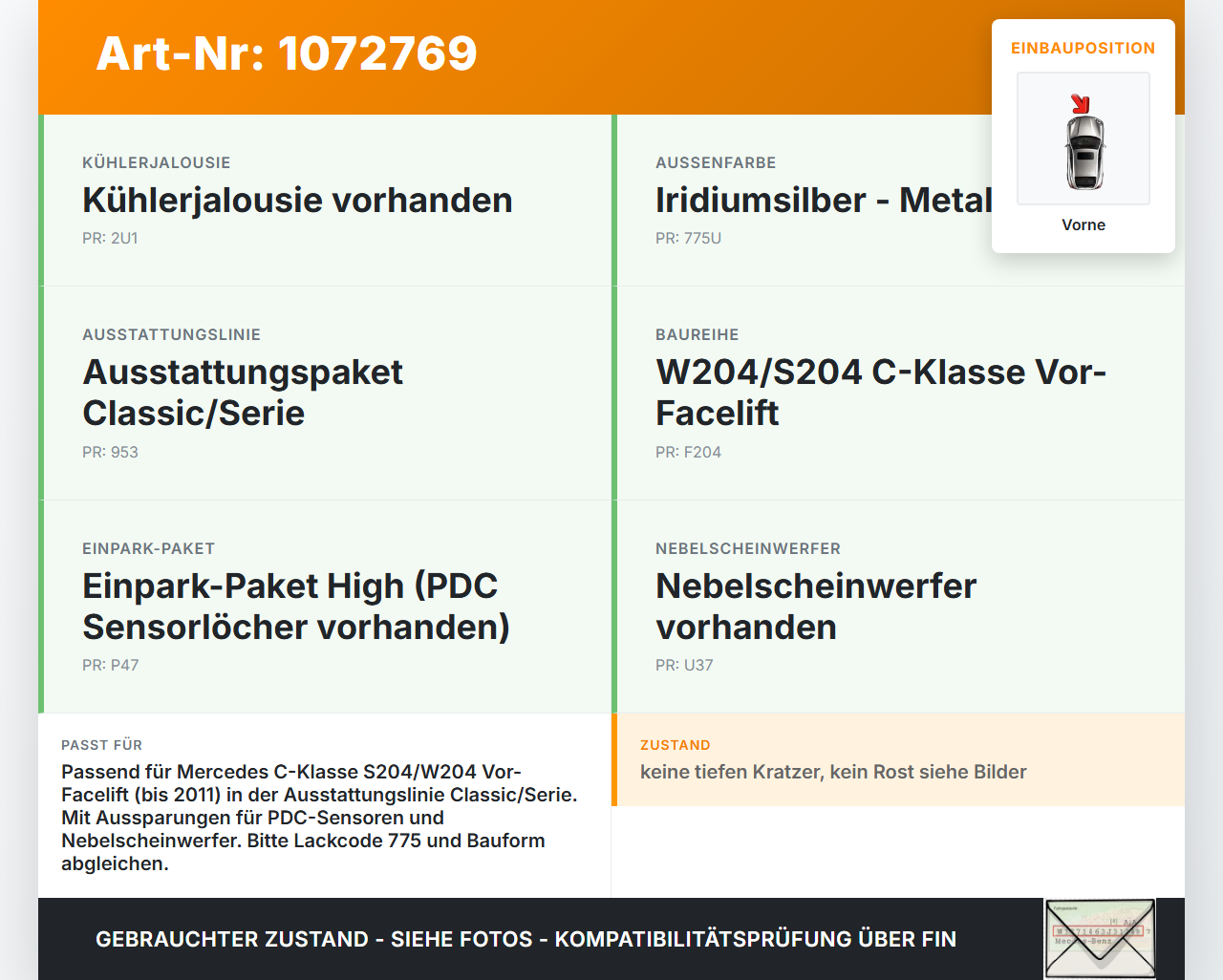 Mercedes S204 C180 09-14 Stoßstange Stoßfänger Frontschürze Vorne 775 Mercedes S204 C180 09-14 01.06.2010 gebraucht Vorschau 3