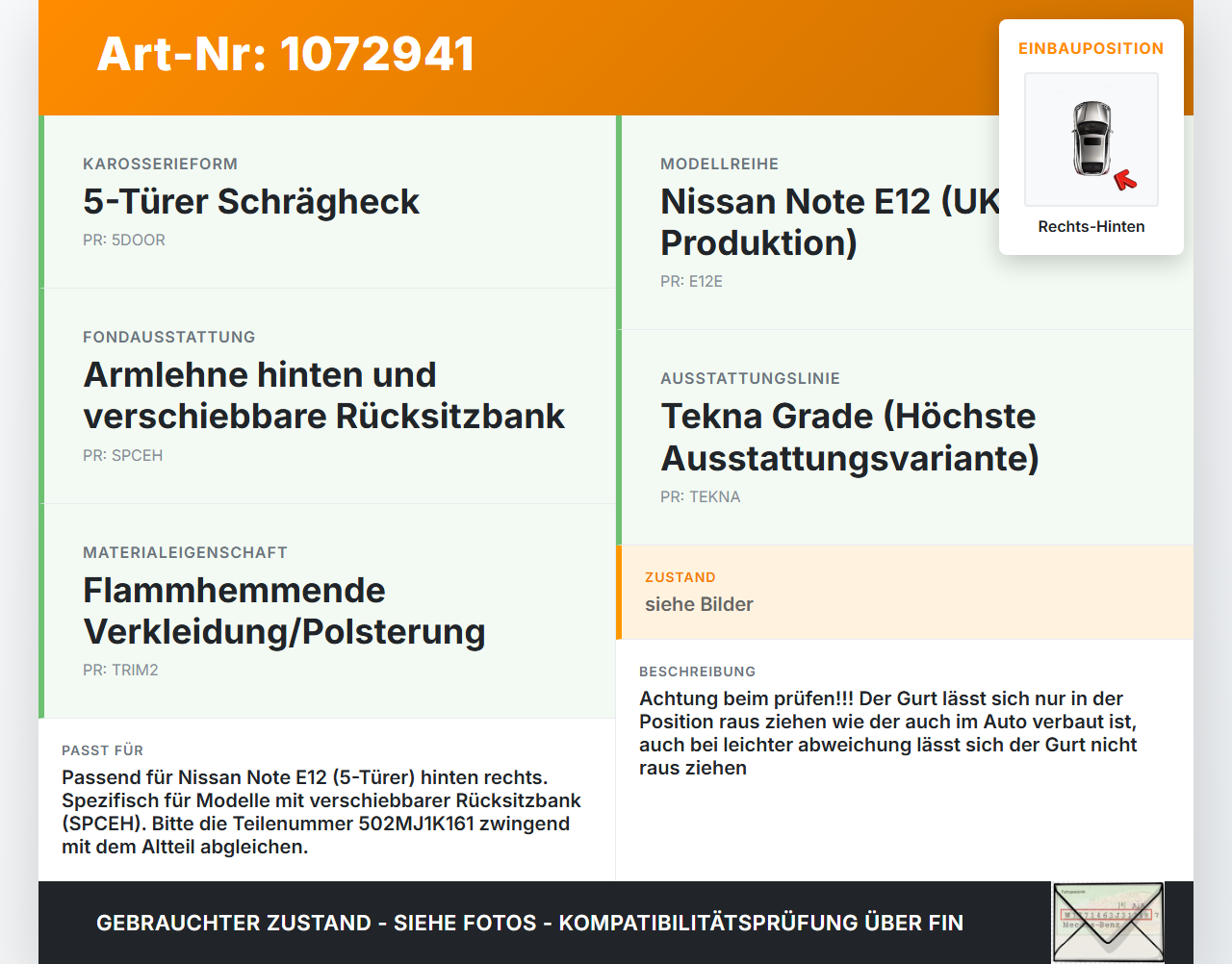 Nissan Note E12 13-17 5T Gurt Sicherheitsgurt Rechts Hinten Nissan Note E12 13-17 25.02.2016 502MJ1K161... Vorschau 3