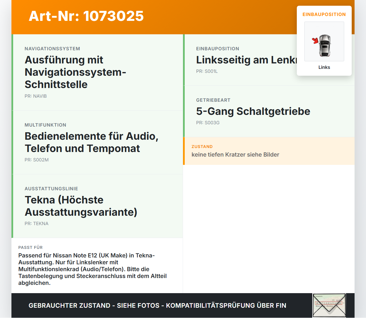 Nissan Note E12 13-17 Lenkradschalter Multifunktionstasten Schalter für Lenkrad Links Nissan Note E12 13-17... Vorschau 3